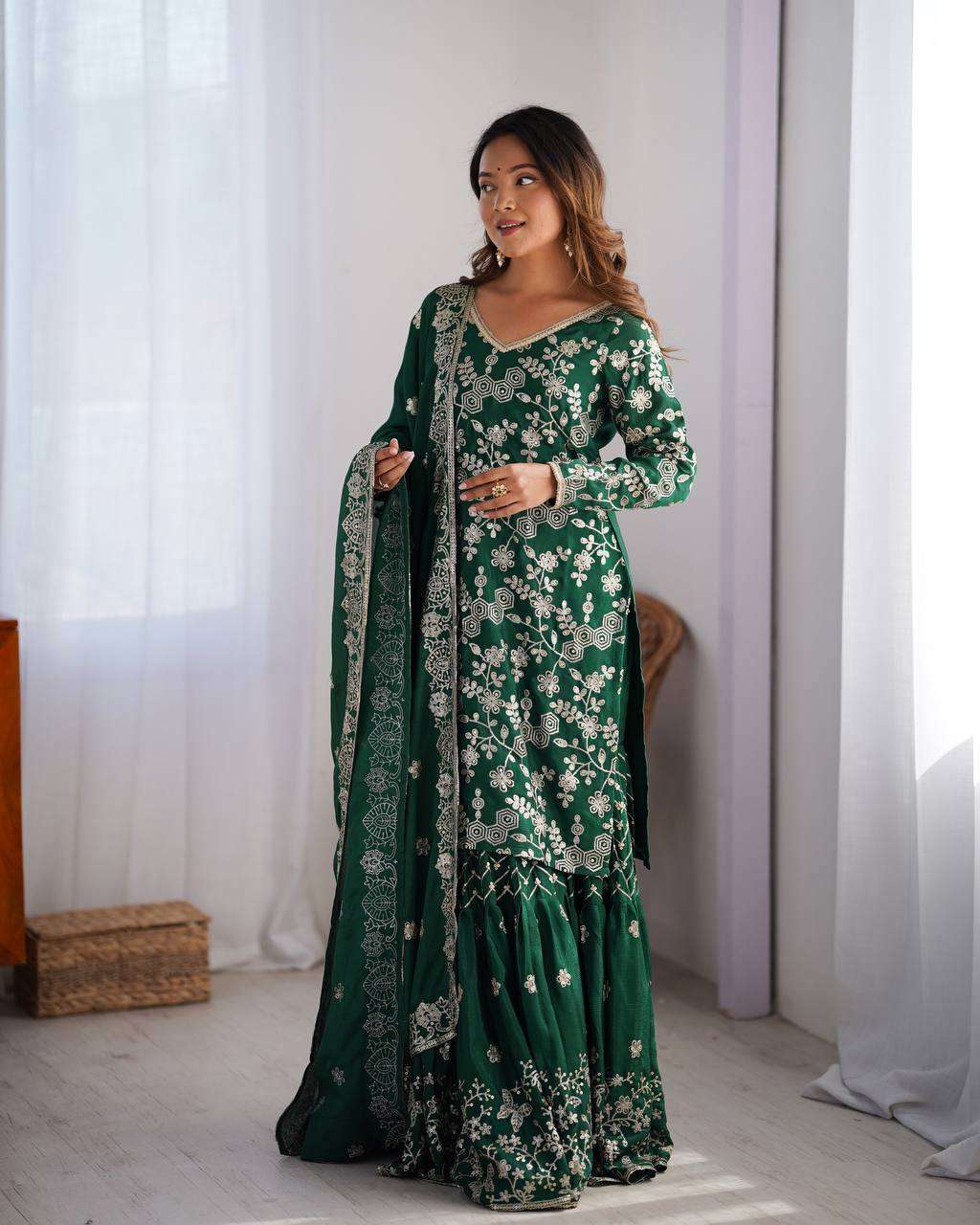 Women's Chinon Silk Embroidery Sequence Work Straight Kurti With Sharara Suit and Dupatta Set
